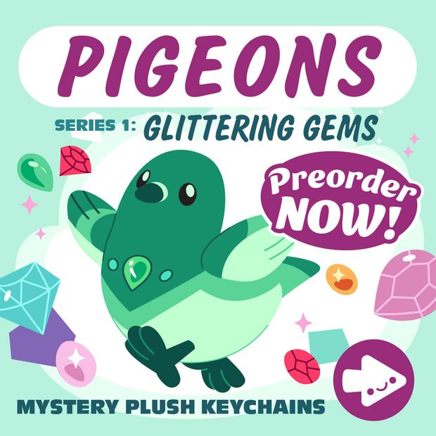 Preorder the Mystery Plush Keychains Pigeons, Series 1: Glittering Gems. 