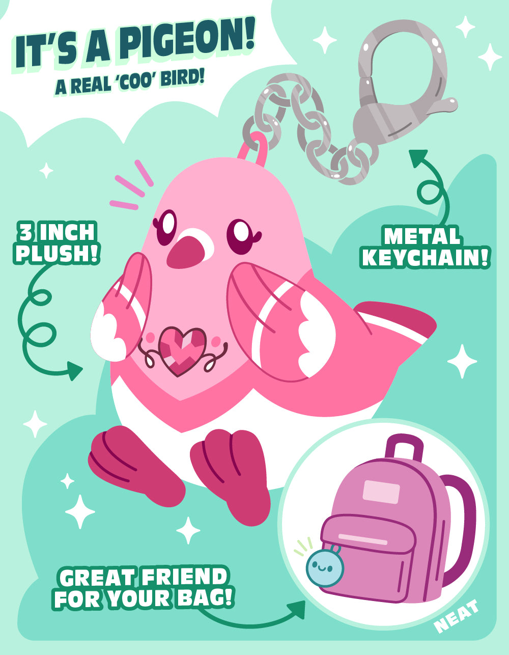 pigeons micro blind box descriptions: high quality plush, 3 inch tall metal keychain, great friend for your bag.